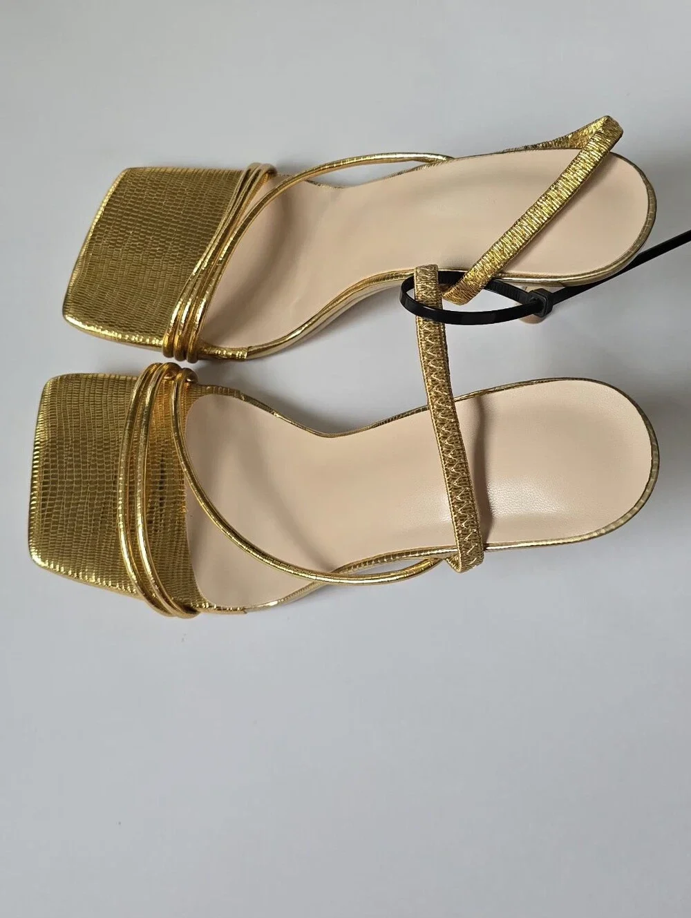 Gold Metallic Strappy Square-Toe Heeled Sandals